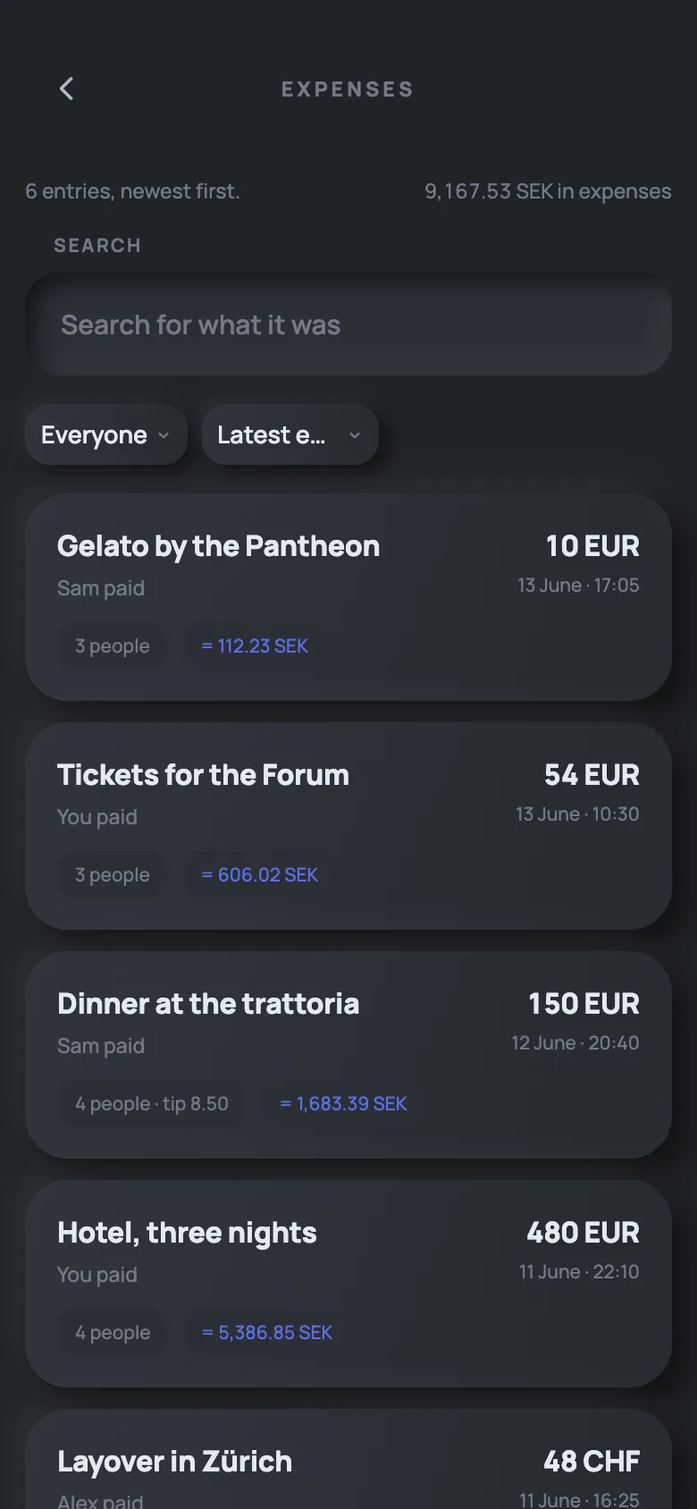 Six expenses from Roma 2026, from gelato to the hotel, each in euros or Swiss francs with the conversion beside it.