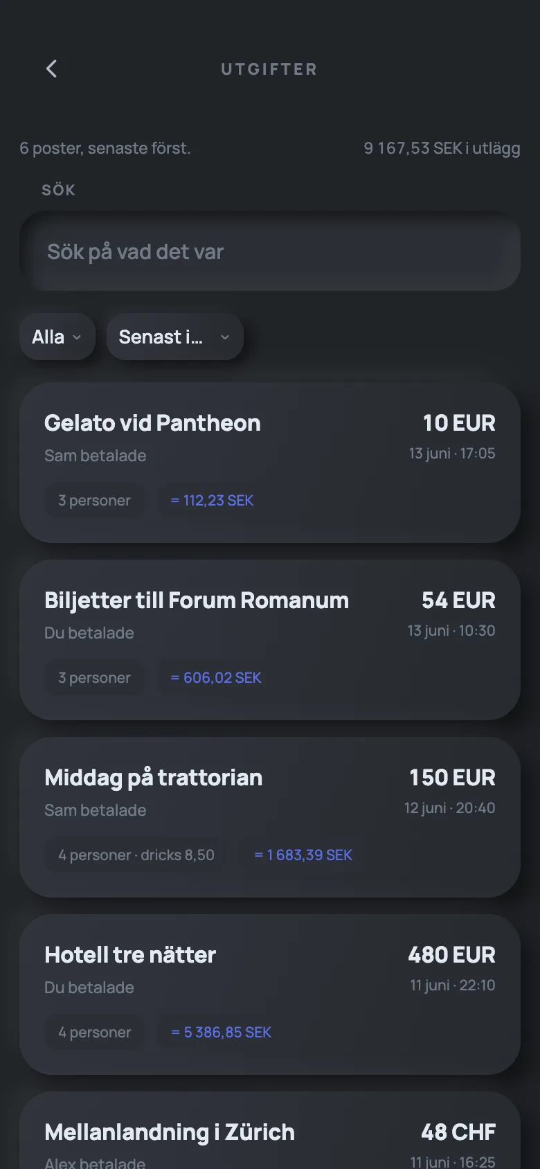 Sex utgifter från Roma 2026, från gelato till hotell, var och en i euro eller schweizerfranc med omräkningen bredvid.