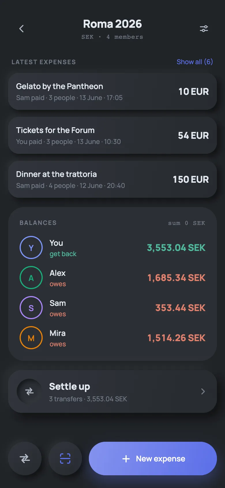 Screenshot from Vemlaut: the trip Roma 2026 with its latest expenses, the balance per member, and the way through to settling up.